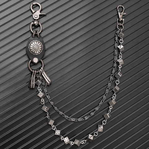 Punk Hip Hop Double Layer Pants Chain With Dice Charms Genuine Leather Sunflower Concho Alloy Metal Waist Chain For Jeans