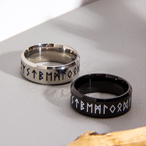 Anillo de Acero Inoxidable de Runas Vikingas Nórdicas Vintage para Hombre Negro Plata Grabado Tótem de Runas Pulido Joyería