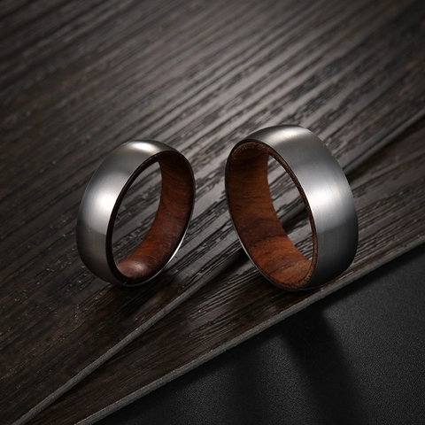 Anello Vintage in Acciaio al Titanio e Palissandro per Uomo Donna Croce Spazzolata Albero della Vita Massonico Gioielli