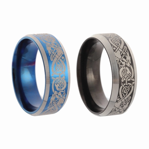 Anello Vintage in Acciaio al Titanio con Nodo Celtico del Drago per Uomo Donna Punk Gothic Band Ring Blu Nero Gioielli alla Moda