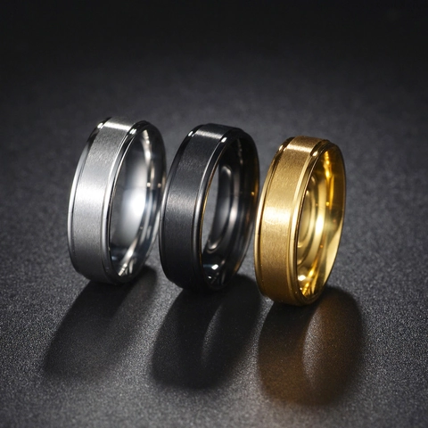 Bague Minimaliste en Acier Inoxydable pour Hommes Femmes 6mm Surface Sable Mate Bord Étagé Bague Bande Brossée Bijoux de Mode Cadeau