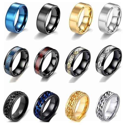 Set di 12 Anelli Spinner in Acciaio al Titanio per Uomo Donna Bagues Dragone Celtico Catena Cubana Gioielli Antistress
