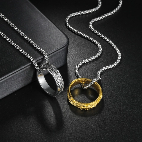 Vintage Roestvrij Staal Draak Ring Hanger Halsketting Voor Heren Dames Retro Reliëf Motief Venetiaanse Schakel Hip Hop Sieraden Cadeau