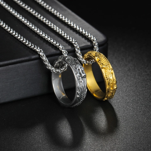Vintage Roestvrij Staal Draak Ring Hanger Halsketting Voor Heren Dames Retro Reliëf Motief Venetiaanse Schakel Hip Hop Sieraden Cadeau