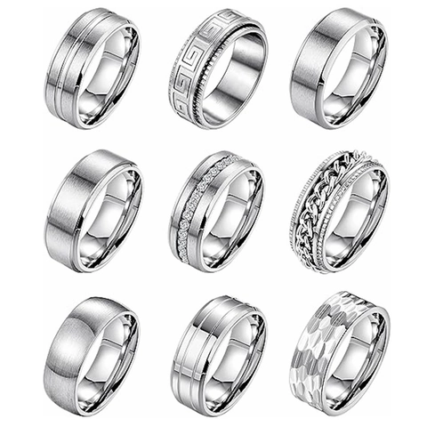 Anello Spinner in Acciaio al Titanio per Uomo Donna Antistress Ansia Fascia Intarsiata con Zirconia Spazzolata Motivo a Meandro Gioielli di Moda