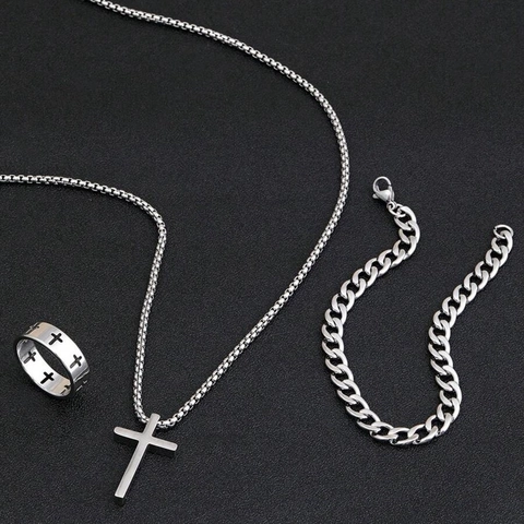 Minimalistisches Titanstahl Kreuz Schmuckset Für Unisex Galvanisiertes Hohles Kreuz Anhänger Halskette Armband Offener Ring