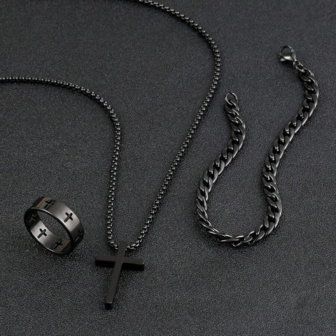 Minimalistisches Titanstahl Kreuz Schmuckset Für Unisex Galvanisiertes Hohles Kreuz Anhänger Halskette Armband Offener Ring