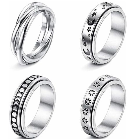 4 Stuks Titanium Staal Spinner Ringen Set Draaibaar Maanfase Ster Zonnebloem Angst Verlichting Band Ringen Voor Mannen Vrouwen Sieraden