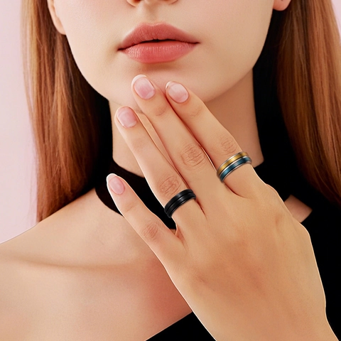 Anillo Spinner de Acero de Titanio para Hombre Mujer Alivio del Estrés Giratorio Doble Capa Cepillado Joyería de Moda