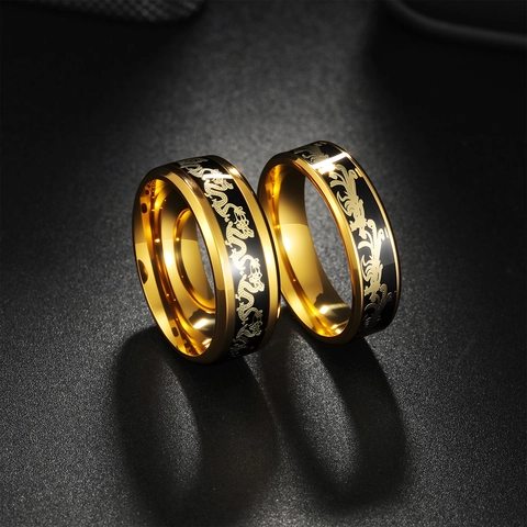 Edelstahl Drache Und Phönix Partnerringe Set Vintage Chinesischer Stil Goldene Verlobungsringe Für Herren Damen Schmuck Geschenk