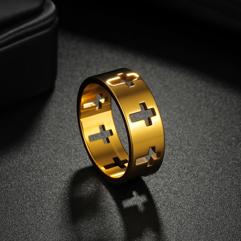 Vintage Stainless Steel Cross Cut Out Ring For Men Women Retro Punk Religious Jewelry Band Ring Gold Silver Black