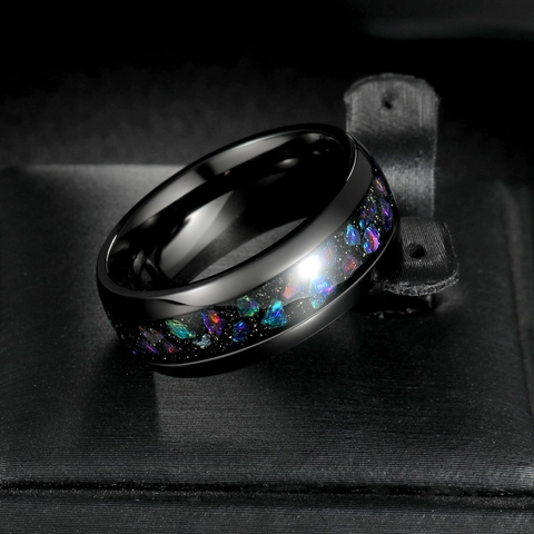 Anello in Acciaio al Titanio con Intarsio Galassia Cielo Stellato per Uomo Donna Coppia Fede Nuziale Gioielli Moda Anello Lucido