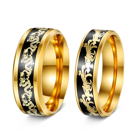 Edelstahl Drache Und Phönix Partnerringe Set Vintage Chinesischer Stil Goldene Verlobungsringe Für Herren Damen Schmuck Geschenk