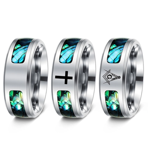 Bague en Acier Inoxydable Vintage Avec Incrustation de Coquille d'Abalone Bande Polie Croix Emblème Maçonnique Bijoux Homme Femme