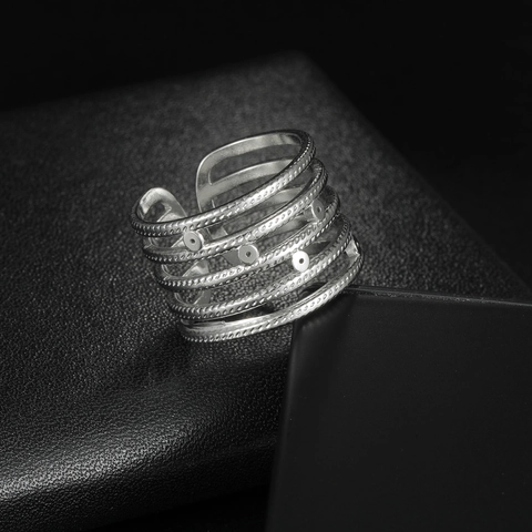 Exaggerated Titanium Steel Multi-Layer Open Ring For Women Minimalist Geometric Hollow Metal Adjustable Fashion Finger Ring
