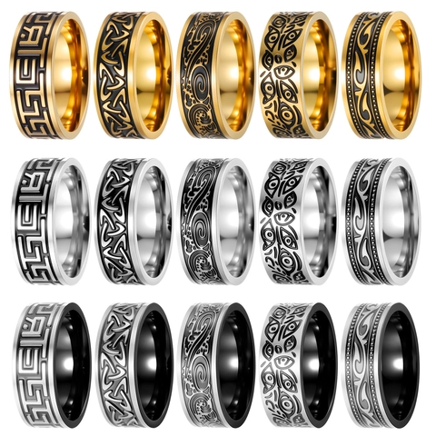 Vintage Stainless Steel Band Ring Men Women Celtic Knot Evil Eye Greek Key Pattern Punk Biker Titanium Steel Ring Jewelry