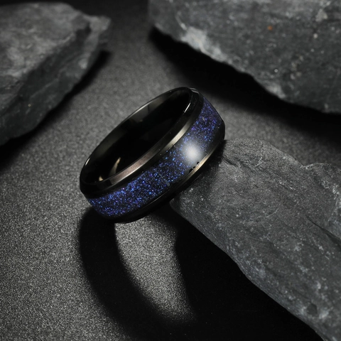 Anello Vintage in Acciaio Inossidabile da 8MM per Uomo Donna Blu Cielo Stellato Galassia Intarsiato Fascia Nera Gioielli Moda