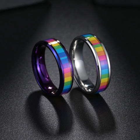 Unisex Rainbow Titanium Steel Ring Fashion Polished Jewelry For Couples Pride Theme Band Ring Gift
