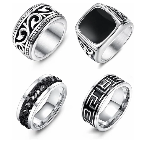 Vintage Stainless Steel Ring Set For Men Celtic Knot Signet Greek Key Chain Inlay Viking Punk Style Retro Jewelry Stackable Rings