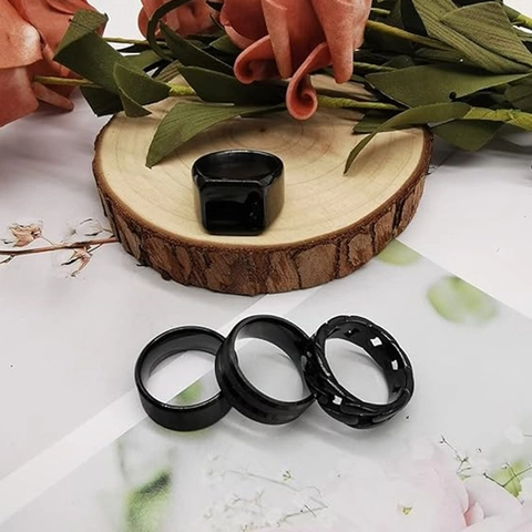 Men's Black Stainless Steel Ring Set Matte Frosted Chain Band Square Signet Rings For Men Boys Punk Fashion Hand Jewelry
