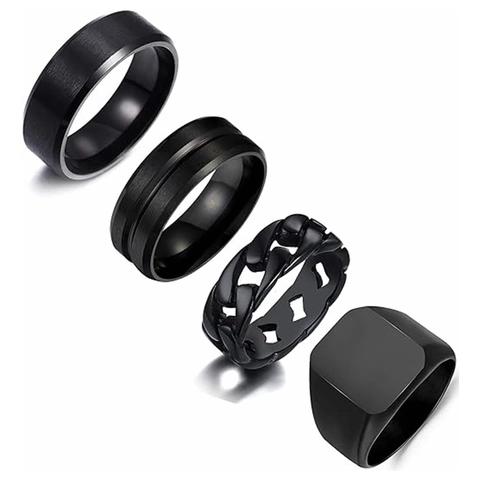 Men's Black Stainless Steel Ring Set Matte Frosted Chain Band Square Signet Rings For Men Boys Punk Fashion Hand Jewelry