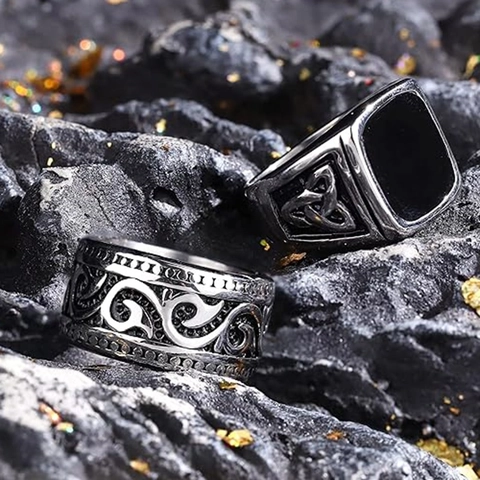 Vintage Stainless Steel Ring Set For Men Celtic Knot Signet Greek Key Chain Inlay Viking Punk Style Retro Jewelry Stackable Rings