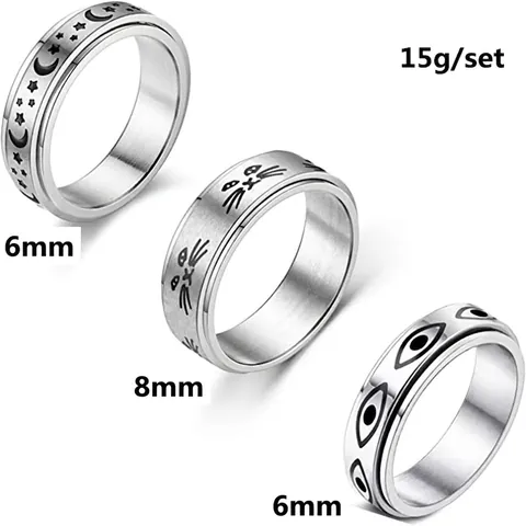 Edelstahl Spinner Ring Zur Angstlinderung Mond Stern Katze Auge Muster Rotierender Fingerring Mode Band Schmuck Für Damen Herren