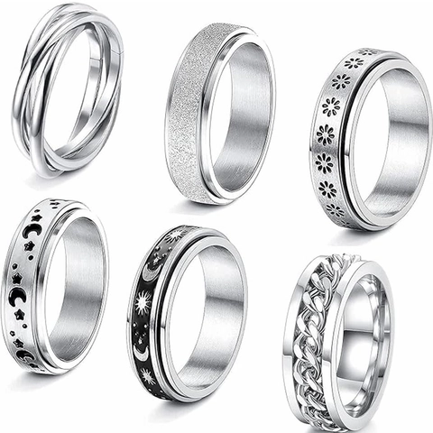 Collezione Anelli Fidget Spinner Unisex in Acciaio al Titanio Stella Luna Motivo Geometrico Sollievo Stress Ansia