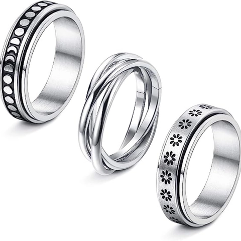 Titanstahl Spinner Ringe Stern Mondphase Blumenmuster Drehbarer Angstabbau Band Ringe Für Damen Herren Schmuck