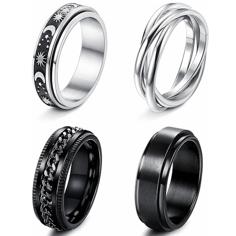 Vintage Stainless Steel Star Moon Spinner Rings For Men Women Rotatable Anxiety Relief Band Rings Punk Fashion Jewelry Gift