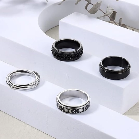 Vintage Stainless Steel Star Moon Spinner Rings For Men Women Rotatable Anxiety Relief Band Rings Punk Fashion Jewelry Gift