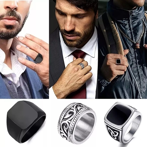 Men's Vintage Stainless Steel Celtic Knot Ring Set Matte Black Square Stamp Ring Carved Band Punk Jewelry Gift For Men