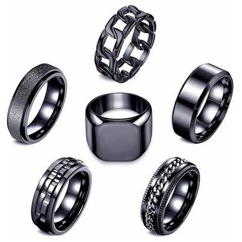 Men Titanium Steel Ring Set Retro Punk Black Band Rings For Men Cool Geometric Chain Rotating Finger Ring Jewelry Gift
