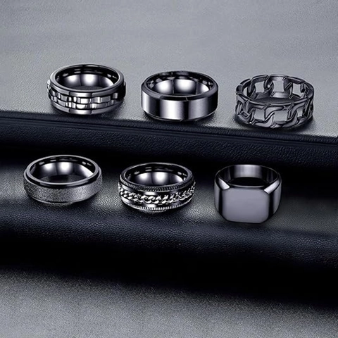 Men Titanium Steel Ring Set Retro Punk Black Band Rings For Men Cool Geometric Chain Rotating Finger Ring Jewelry Gift