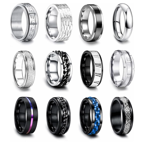 Cool Stainless Steel Spinner Rings For Men Wide Band Frosted Black Silver Stress Relief Fidget Band Rings Jewelry Gift