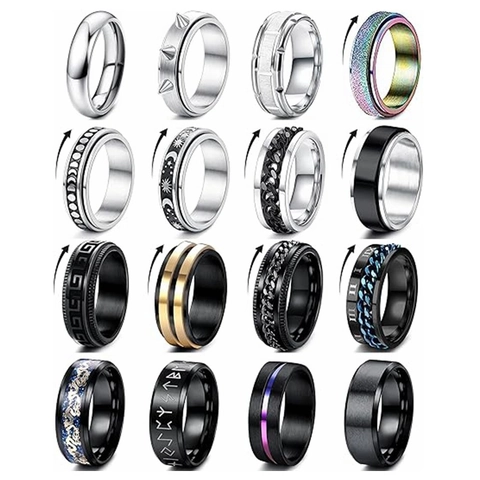 16 Stück Edelstahl Spinner Ringe Set Für Herren Damen Angstlinderung Stressabbau Bandringe Römische Zahlen Runen Mond Drache