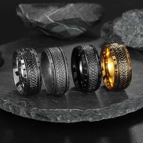 Anello Vintage in Acciaio Inossidabile Con Rune Vichinghe e Nodo Celtico Uomo Donna Band Ring in Acciaio 304 Gioielli
