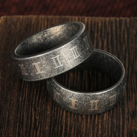 Anello in Acciaio al Titanio Argento Antico Invecchiato Con Numeri Romani Incisi a Fascia per Uomo Donna Gioielli in Stile Industriale