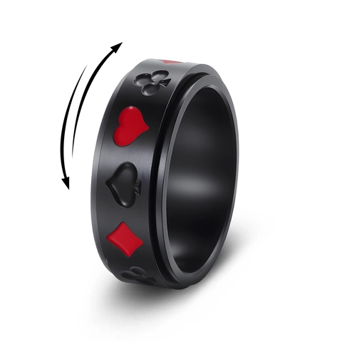 Anello Spinner in Acciaio al Titanio con Semi del Poker Cuori Picche Fiori Quadri Antistress Anello Rotante Uomo Donna