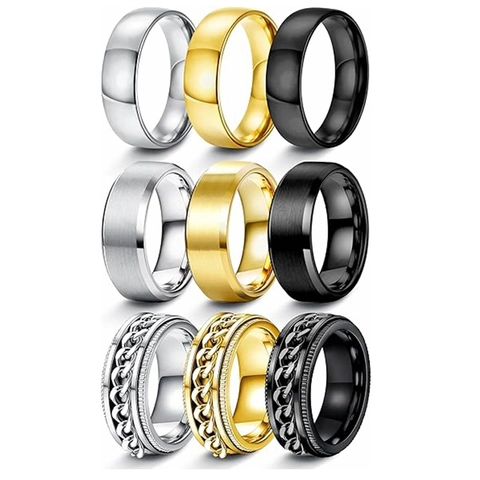 Ensemble de Bagues pour Hommes en Acier Inoxydable Chaîne Industrielle Polie Brossée Bagues Géométriques Or Argent Noir