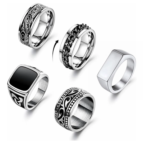 5 Stk Herren Edelstahl Spinner Kette Ringe Set Vintage Punk Wikinger Geschnitzte Siegelring Mode Schmuck Geschenk