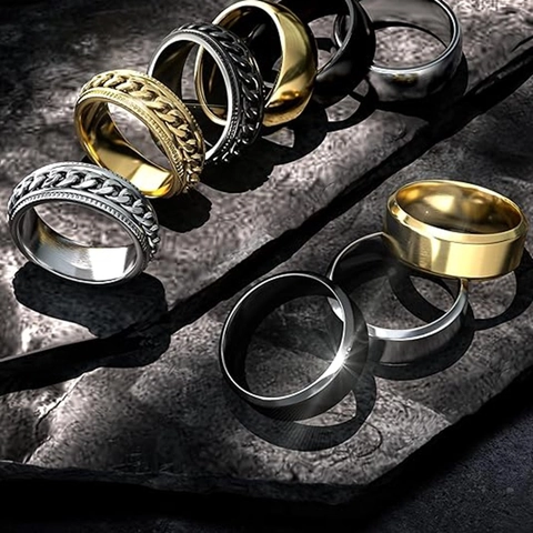 Ensemble de Bagues pour Hommes en Acier Inoxydable Chaîne Industrielle Polie Brossée Bagues Géométriques Or Argent Noir