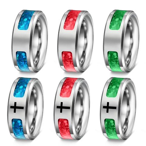 Anello a Fascia in Acciaio Inossidabile Lucido Con Intarsio in Opale Artificiale Motivo a Croce Vintage Stile Punk Religioso Gioielli