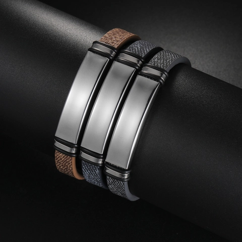 Minimalist Stainless Steel Silicone Bracelet For Men Trendy Sporty ID Plate Polished Couple Wristband Jewelry Gift
