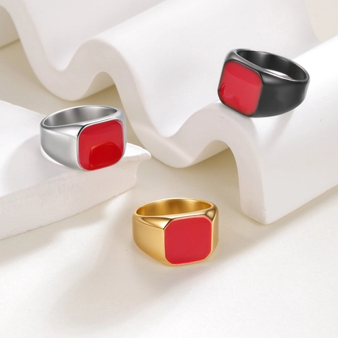Anello a Sigillo Vintage in Acciaio al Titanio Acciaio Inossidabile Smalto Rosso Quadrato Geometrico per Uomo Donna Gioielli Minimalisti