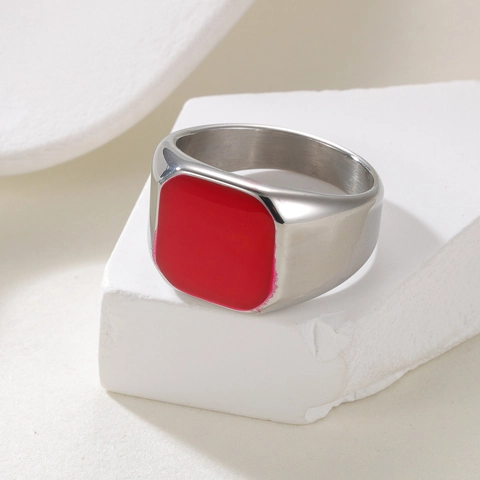 Anello a Sigillo Vintage in Acciaio al Titanio Acciaio Inossidabile Smalto Rosso Quadrato Geometrico per Uomo Donna Gioielli Minimalisti