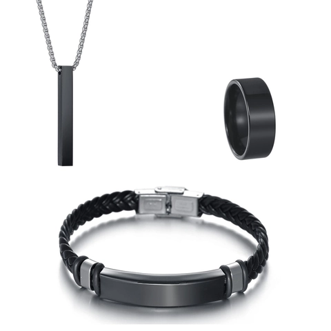 Men's Stainless Steel Jewelry Set Minimalist Bar Pendant Necklace Plain Ring Woven Leather Bracelet Fashion Accessory 3 Pcs Set