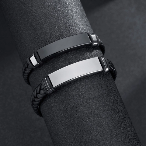 Herren Geflochtenes Leder Silikon Armband Mit Edelstahl ID Platte Minimalistischer Mode Punk Schmuck Für Den Alltag