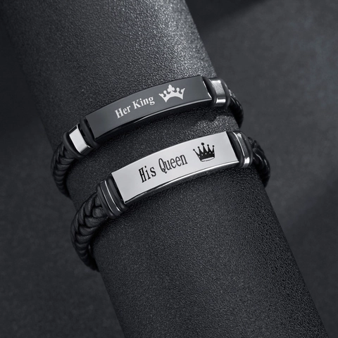 Edelstahl Leder Gewebtes Pärchen Armband Her King His Queen Krone Buchstabe Graviert Geflochten Mode Schmuck Armband Geschenk
