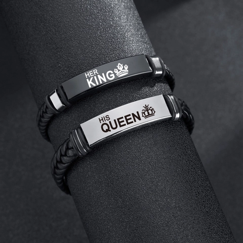 Edelstahl Leder Gewebtes Pärchen Armband Her King His Queen Krone Buchstabe Graviert Geflochten Mode Schmuck Armband Geschenk